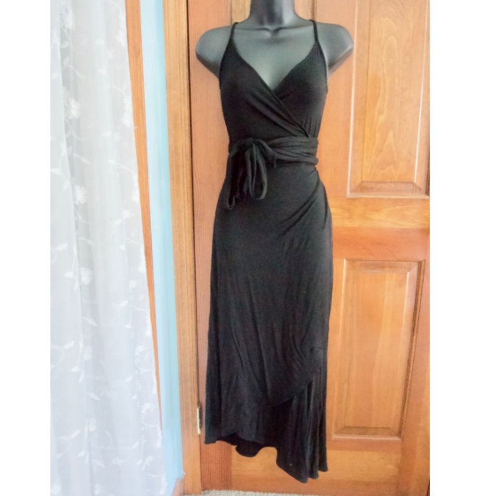 Black maxi wrap dress with spaghetti straps